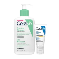 CeraVe Morning Cleanse & Protect Duo for Oily Skin, Cleanser with Niacinamide & Moisturiser with SPF50 and Hyaluronic Acid